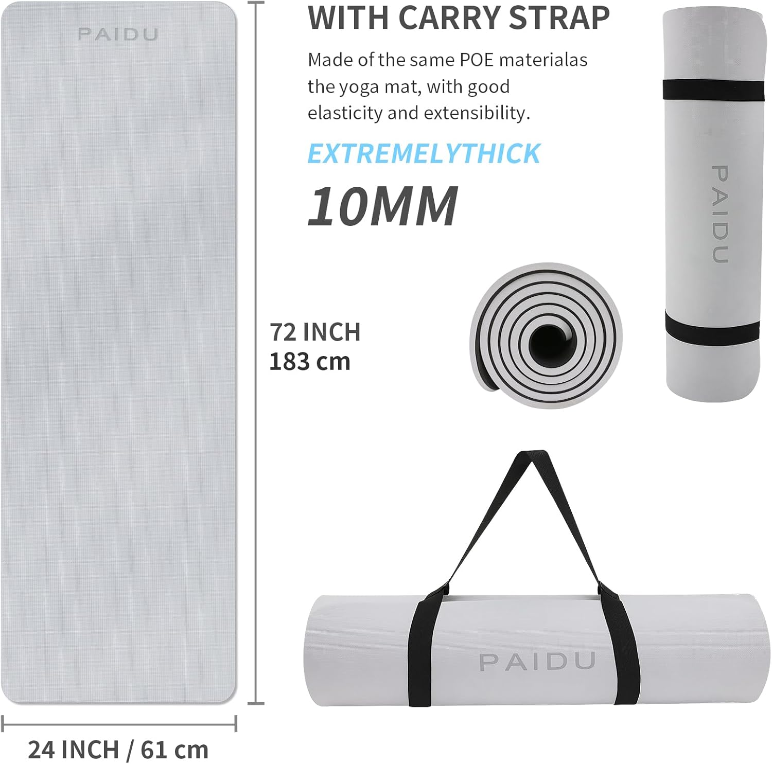 PAIDU Yoga Mat Non Slip Anti-tear,extra thick High Resiliency Professional POE Yoga Mats for Women Men Kids,70