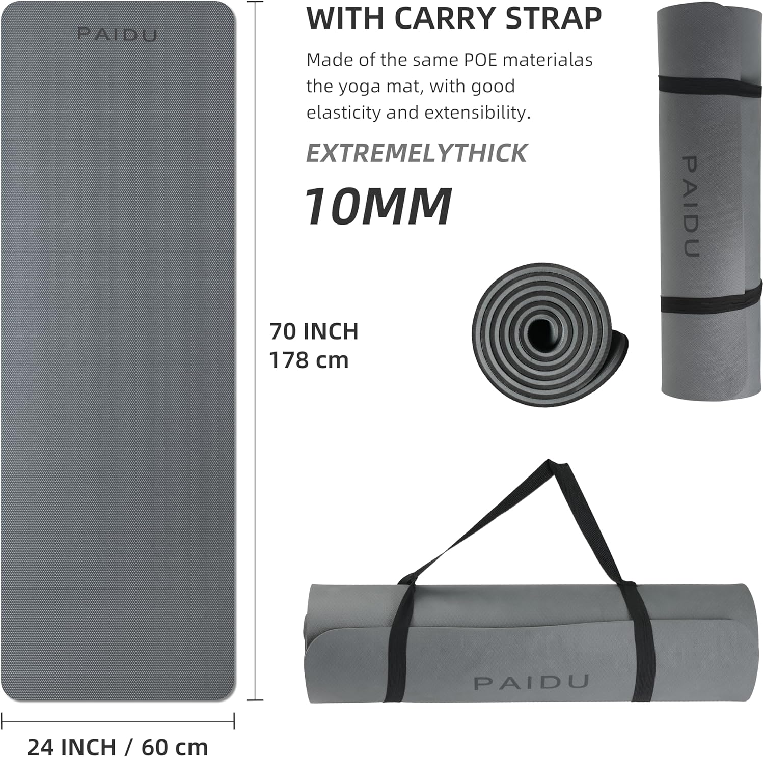 PAIDU Yoga Mat Non Slip Anti-tear,extra thick High Resiliency Professional POE Yoga Mats for Women Men Kids,70