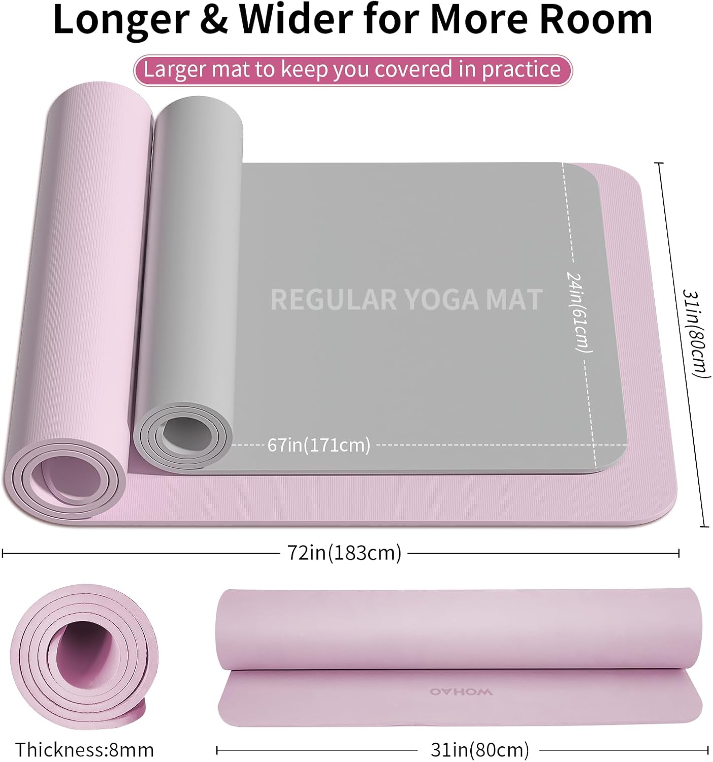 WOHAO Roll over image to zoom in Non-Slip Yoga Mat, Extra Thick 8mm，72