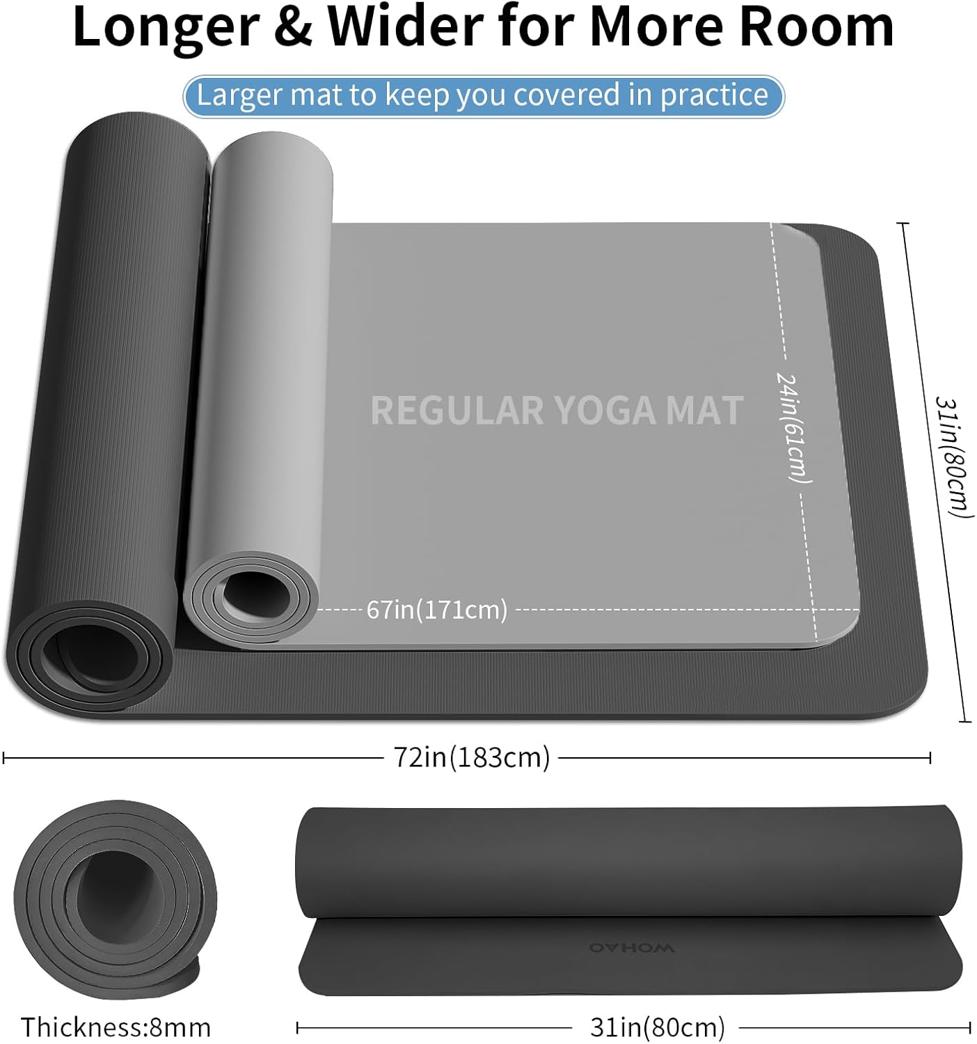 WOHAO Roll over image to zoom in Non-Slip Yoga Mat, Extra Thick 8mm，72
