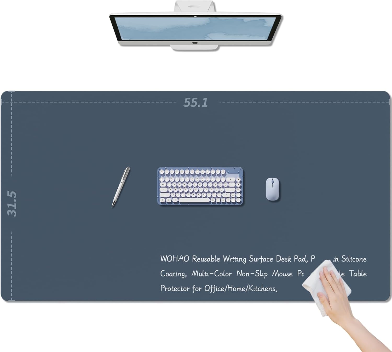 WOHAO Reusable Writing Surface Desk Pad, PU with Silicone Coating, Multi-Color Non-Slip Mouse Pad, Wipeable Table Protector for Office/Home/Kitchens (Navy Blue,80x140cm)