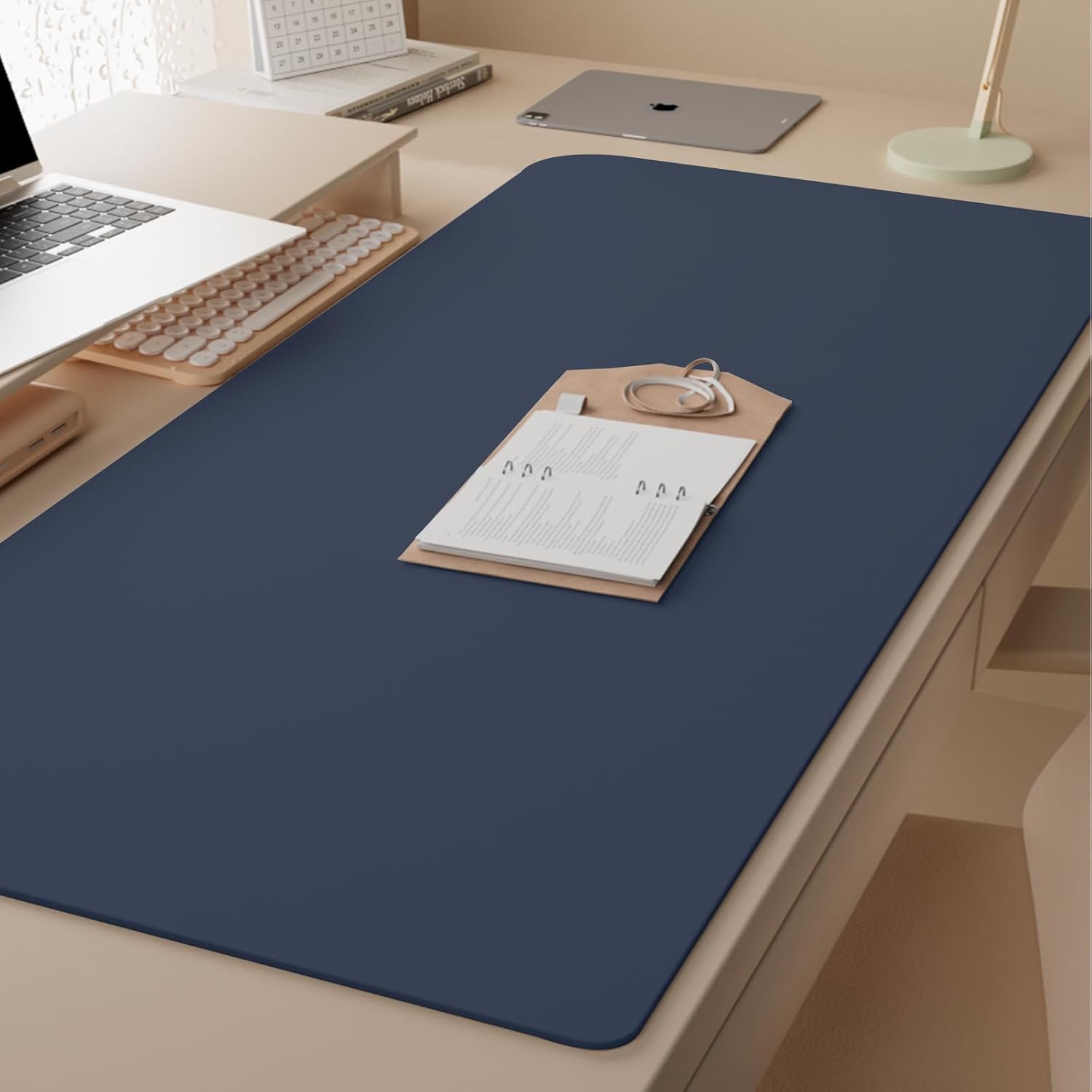 WOHAO Reusable Writing Surface Desk Pad, PU with Silicone Coating, Multi-Color Non-Slip Mouse Pad, Wipeable Table Protector for Office/Home/Kitchens (Navy Blue,80x140cm)