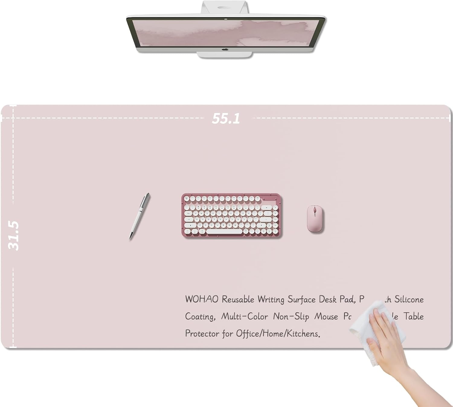 WOHAO Reusable Writing Surface Desk Pad, PU with Silicone Coating, Multi-Color Non-Slip Mouse Pad, Wipeable Table Protector for Office/Home/Kitchens (Pink,80x140cm)