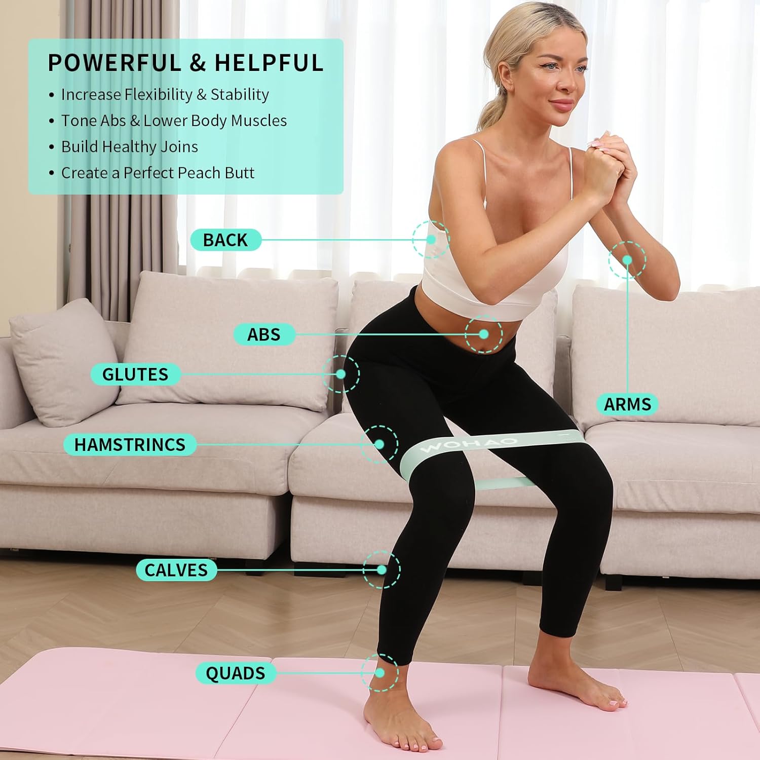 WOHAO Resistance Band Set, Two Resistance Levels, Stretch Bands for Working Out Women or Men, Strength Training, Home Fitness, Toning, Stretching, Yoga, Pilates