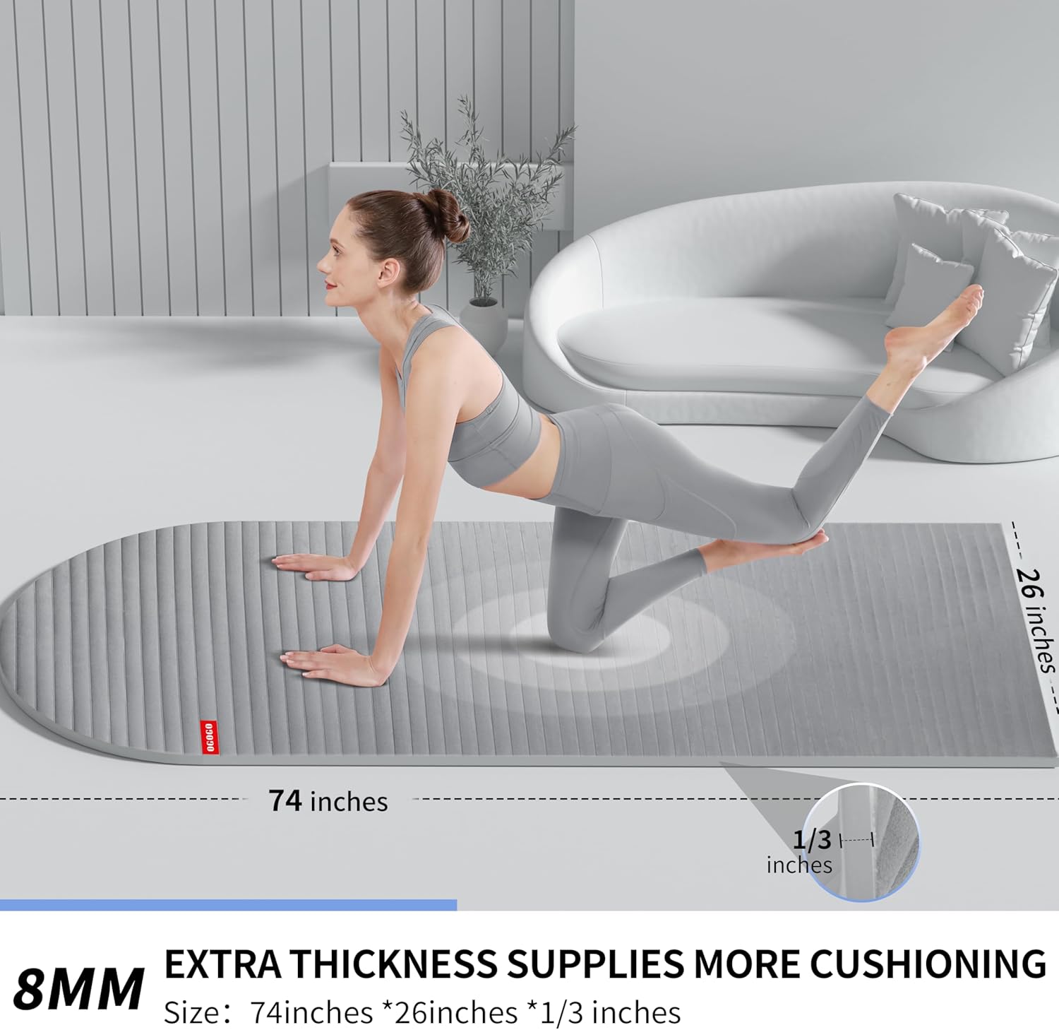 OGOGO Fitness Mat with Suede Finish, Extra Long and Wide 74 x 26 x 1/3 Thick POE Material, Wavy Texture Non-Slip Design, Reinforced Edges, Includes Carrying Strap