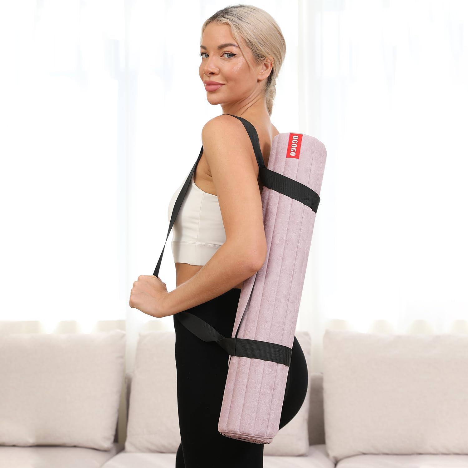 OGOGO Fitness Mat with Suede Finish, Extra Long and Wide 74 x 26 x 1/3 Thick POE Material, Wavy Texture Non-Slip Design, Reinforced Edges, Includes Carrying Strap