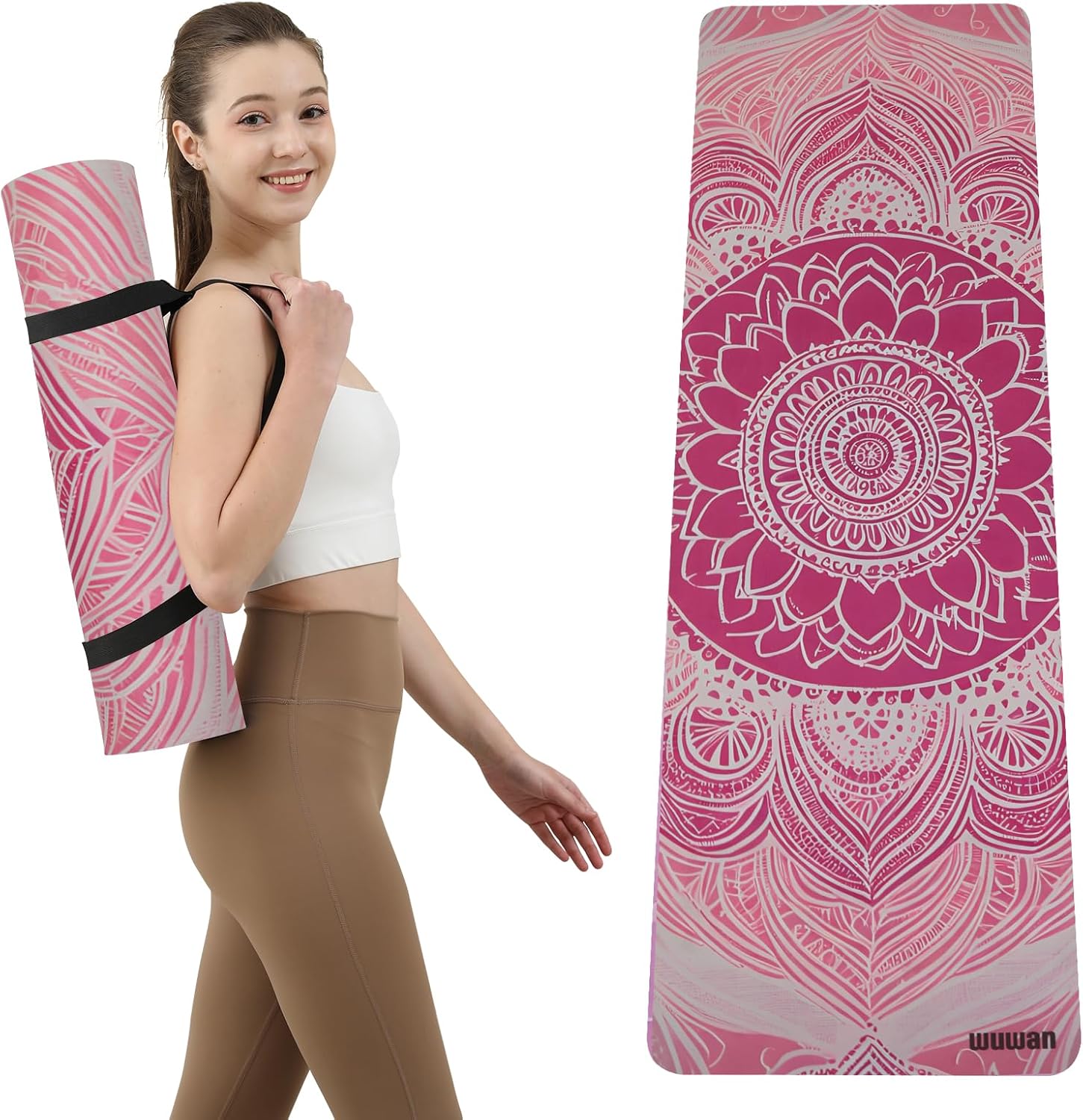 Hot Yoga Mat Printed, Thick 6mm Non Slip Suede tpe yoga Mat with Strap for Women Men Yoga, Pilates, Exercise, Fitness, Floor, Workouts Pink Lotus